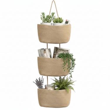 Imagem de Britwicfr Organizador sobre a porta, cesta de armazenamento suspensa de 3 camadas com ganchos, organizador traseiro de porta de algodão para sala de estar, quarto, decoração de parede boho