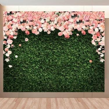 Imagem de Pano de fundo verde 3 x 2,4 m flores primavera folhas verdes grama parede rosa floral rosa decoração de festa de aniversário dia das mães foto casamento chá de bebê