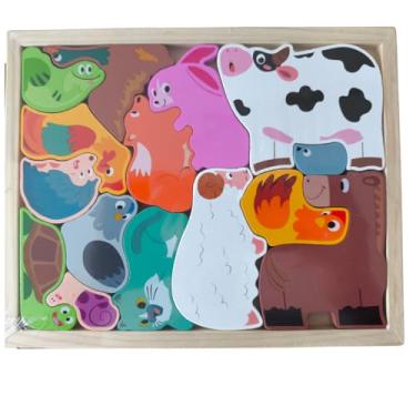 Imagem de Quebra-Cabeça 3D Infantil em Madeira – Brinquedo Educativo de Encaixe com Animais e Formas – Estimula Coordenação Motora, Criatividade, Concentração e Desenvolvimento Cognitivo (Animais Fazenda)