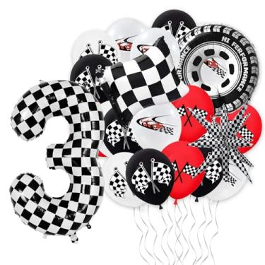Imagem de Balões de aniversário de carro de corrida número 3, 20 peças, tema de carro de corrida, vermelho, preto, branco, balões de látex com 4 peças de balão quadriculado para meninas e meninos, 3º