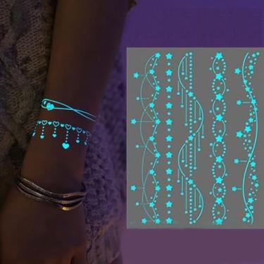 Imagem de 1 adesivo de tatuagem temporária que brilha no escuro ativado por luz negra, adesivo responsivo para pescoço e perna do braço, fácil aplicação para festas, JSN, 017