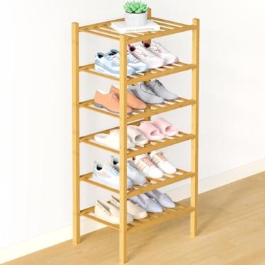 Imagem de Smiry Sapateira de bambu para armário, organizador de sapatos empilhável pequeno de madeira de 6 níveis, prateleira de armazenamento de sapatos de pé livre para entrada, entrada da porta da frente
