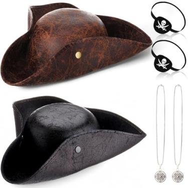 Imagem de Chicingyou Roupas de cruzeiro noturno pirata chapéus de pirata em couro a granel chapéu de tricórnio colar patch para os olhos festa em massa homens mulheres, Preto e marrom, tamanho �nico