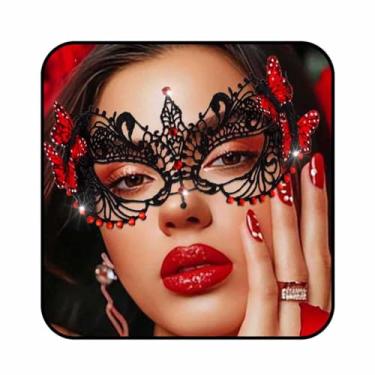 Imagem de Obmyec Máscara feminina de renda com borboleta, preta, máscara de Halloween, máscara de baile de máscaras, máscaras de carnaval para bailes de formatura, Vermelho, tamanho �nico