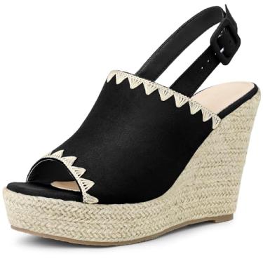 Imagem de Allegra K Sandália plataforma feminina espadrille peep toe salto cunha tira slingback, Preto, 34