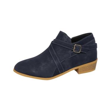 Imagem de Botas femininas de cano curto, zíper lateral, bico fino, salto grosso, salto baixo, casual, design de cor sólida, perfeito para primavera, Azul marino, 38