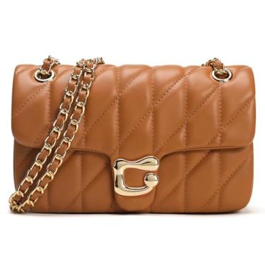 Imagem de Bolsa tiracolo acolchoada para mulheres moderna - Bolsa de ombro feminina de couro, bolsa de mão de designer para noite com alça de corrente, Marrom, mel, Transversal