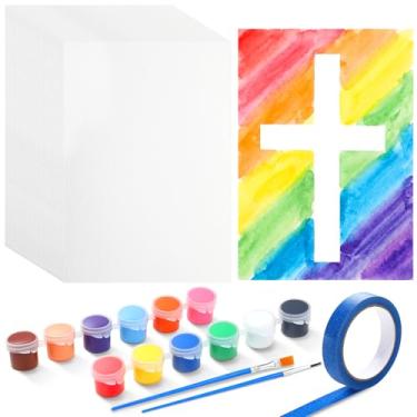 Imagem de Tinlade Pacote com 40 fitas de Páscoa, kit de artesanato com 40 pincéis, papel aquarela com fita adesiva, faça seus próprios adesivos cruzados, ornamentos artísticos para decoração de festa de Páscoa