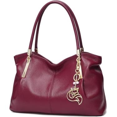 Imagem de FOXLOVER Bolsa feminina de couro de vaca com alça superior de grande capacidade, bolsa de ombro, fecho de zíper com pingente de metal, Borgonha