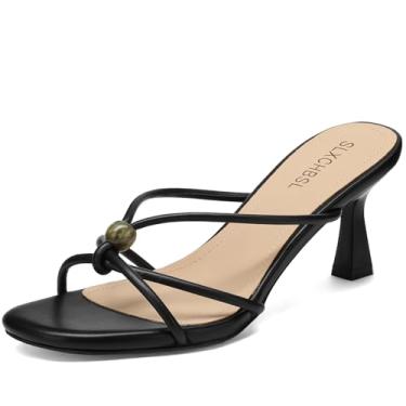 Imagem de SLXCHBSL Sandálias femininas de salto gatinho bico aberto redondo com tiras de salto baixo sem cadarço para vestido casual festa casamento confortável verão mules sapatos, Preto, 41