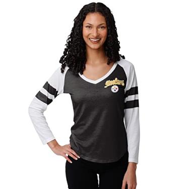 Imagem de FOCO Camiseta feminina Pittsburgh Steelers NFL com estampa de texto listrada manga raglan