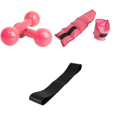 Imagem de Par de Halteres 1 Kg Rosa + Par de Tornozeleiras 1 Kg Rosa + Elástico para Treino e Alongamento Preto