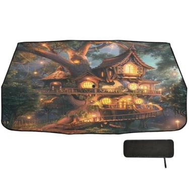 Imagem de Bright Fantasy Tree House Pára-brisas Guarda-sol Proteção de Isolamento Térmico Guarda-chuva Carro Sombra 147.3 cm x 75.4 cm Janela Frontal Carro Persianas