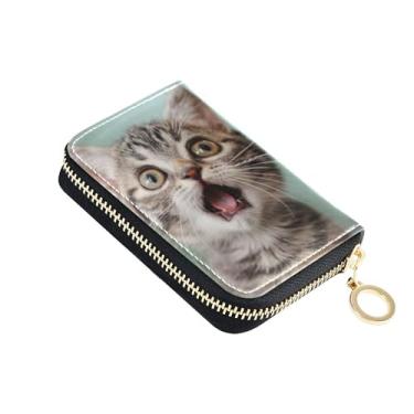 Imagem de Carteira de couro feminina com bloqueio de RFID, porta-cartões de crédito, zíper ao redor com zíper, porta-chaves, estampa engraçada de gatinho e gato