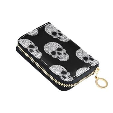 Imagem de Porta-cartão de crédito com bloqueio de RFID, pequenas carteiras femininas com zíper e bolso para moedas, caveiras brancas pretas