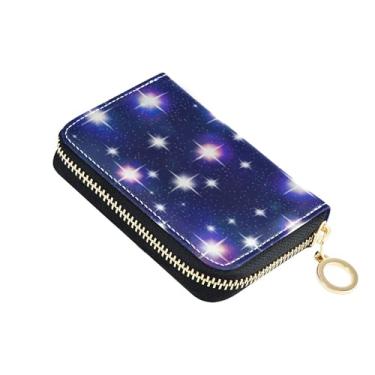 Imagem de Carteira feminina azul marinho estrelas, pequena e fofa, porta-cartões com bloqueio de RFID, bolsa para troca de moedas com zíper