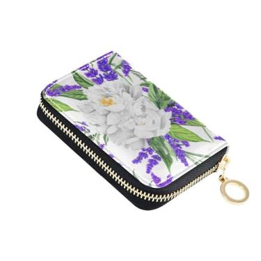 Imagem de Carteira de couro feminina com bloqueio de RFID, carteira masculina com bolso para moedas, roxo, lavanda e flores brancas