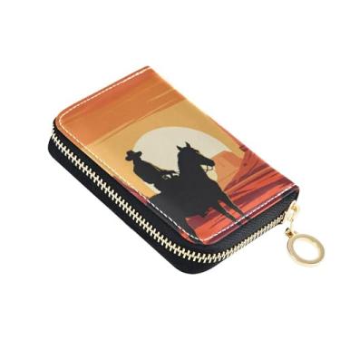 Imagem de Carteira feminina de couro com bloqueio de RFID, pequena, com zíper, porta-cartões e dinheiro, caubói, cavalo, laranja