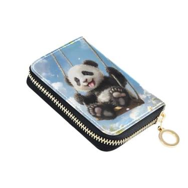 Imagem de Carteiras de couro femininas com bloqueio de RFID, porta-cartões de crédito, zíper ao redor, carteira de viagem com zíper fofo panda swing azul celeste