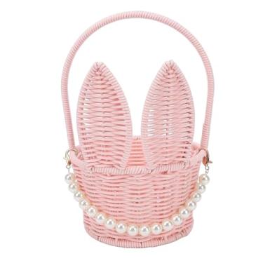 Imagem de AUNMAS Cesta de Coelhinho da Páscoa, Cesta de Presentes de Páscoa Tecida Em Rattan Rosa Com Orelhas de Coelho Fofas, Pingente de Pérola e Alça para Uso Em Festa de Casamento Em
