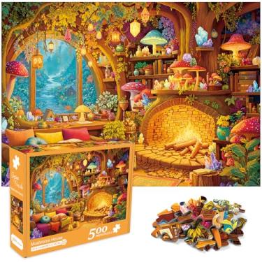 Imagem de crowm Quebra-cabeça 500 peças para adultos, fantasia casa cogumelo quebra-cabeça exclusivo desafiador cena floresta quebra-cabeça natureza paisagem gato decoração de arte para casa
