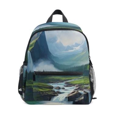 Imagem de GAIGEO Mountain Landscape Scene Backpack for School Kids 10x4x12 In, Kindergarten Backpack for Boys with Water Bottle Pockets, Whistle Buckle