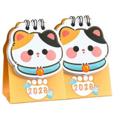 Imagem de 2 peças mini 2026 calendário de mesa com desenho animado de gato, calenda de mesa de gato fofo, material escolar de escritório, agenda diária, organizador anual, decoração de mesa - material de