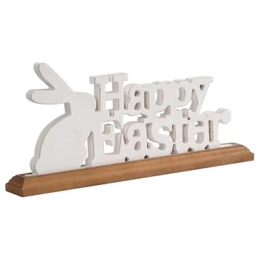Imagem de Sintosin Placa Rústica De Feliz Páscoa Com Coelho Para Centro Mesa 40 Cm, Decoração Artesanal Branco Envelhecido, Madeira Bandeja Em Camadas Feriado