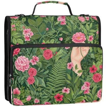 Imagem de Lush Roses Organizador de fichário verde com zíper, 3 fichários de 3,8 cm, bolsa escolar com alça de ombro, estojo de armazenamento com alça, 34,5 x 31,5 x 9 cm