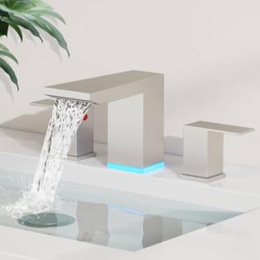 Imagem de BESy Torneiras de banheiro quadradas de níquel escovado LED, cachoeira, 20 cm de largura, com 3 cores, torneira de pia que muda de luz com ralo pop-up e linhas de suprimento, 2 alças para penteadeira