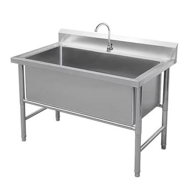 Imagem de KXPSWGE Pia de tigela única grande com torneira, estação de pia de restaurante, pia de cozinha comercial e pia utilitária com kit de drenagem para garagem, restaurante, cozinha, lavanderia (100 cm)