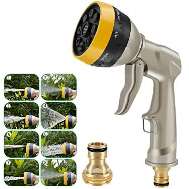 Imagem de ZFLYCANP Bocal de mangueira de jardim, bocal de mangueira de água de cobre puro resistente com alça que economiza trabalho, pulverizador manual de alta pressão, 8 padrões para regar plantas, lavar