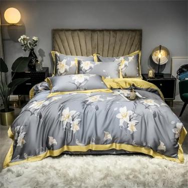 Imagem de Jogo de cama macio e sedoso com estampa floral refrescante de verão, capa de edredom e lençol, estilo 11, tamanho King (220x240cm), 4 peças