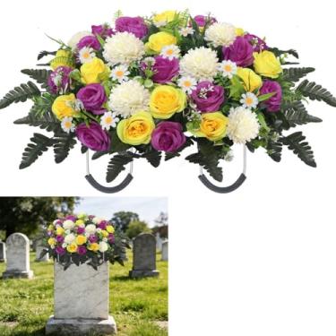 Imagem de Wocst Sela de flor de lápide, flores artificiais grandes de cemitério para sepulturas de rosas e crisântemos, flores memoriais de cemitério para decorações de túmulos ao ar livre (Roxo)