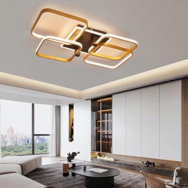 Imagem de Luminária de teto LED 3000K-6500K dimerizável, lustre quadrado em acrílico com controle remoto, iluminação moderna dourada para sala de estar, quarto, sala de jantar e escritório (5 lâmpadas