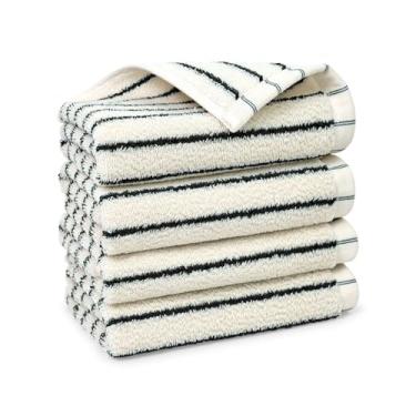 Imagem de Jacquotha Pacote com 4 toalhas de algodão listradas, 33 x 33 cm - panos de lavagem macios para banheiro, cozinha, academia, rosto, preto e creme