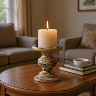 Imagem de SOFE Castiçais de madeira marrom antigo para velas de pilar de 19 cm de altura, suporte de pilar de vela chique gasto, suportes de vela rústicos decorativos, decoração de mesa de sala de jantar centro