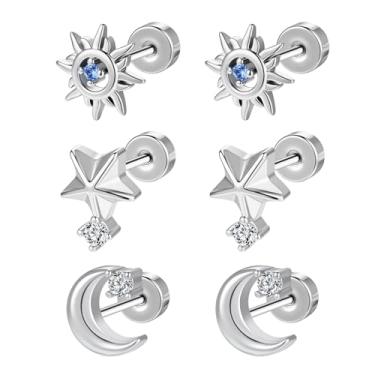 Imagem de AOEDEJ Brincos femininos com costas planas de aço cirúrgico para orelhas sensíveis para vários piercings de concha de 20 g, Aço inoxidável, Zircônica sintética