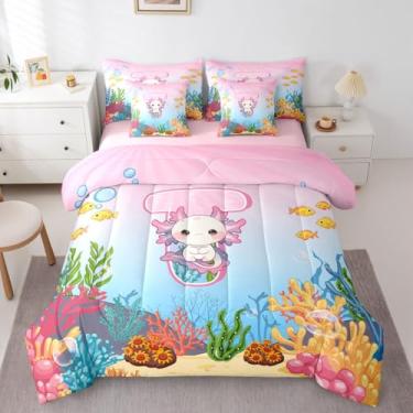 Imagem de Erosebridal Jogo de cama com letra T fofo Axolotl conjunto completo de 7 peças para meninas, rosa desenho animado oceano animal cama em uma bolsa com lençóis para crianças, adolescentes, mulheres