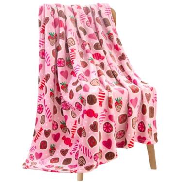 Imagem de Cobertor de Natal para Dia dos Namorados: Lã de Veludo Confortável de Pelúcia Macia, Doces Doces VDay Marrom Rosa Vermelho Marrom em Fundo Rosa em 127 cm x 152 cm Destaque para Sofá-Cama Dormitório