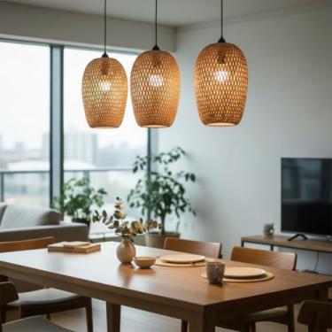 Imagem de Kit 3 Luminária de Teto Lustre Pendente Bambu Saint Martin Rústico 23x36cm