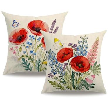 Imagem de Capa de almofada floral para jardim, 45,7 cm x 45,72 cm, fronhas decorativas para casa de fazenda, conjunto de 2 para sofá de pátio (vermelho/azul, 45,72 cm x 45,72 cm)