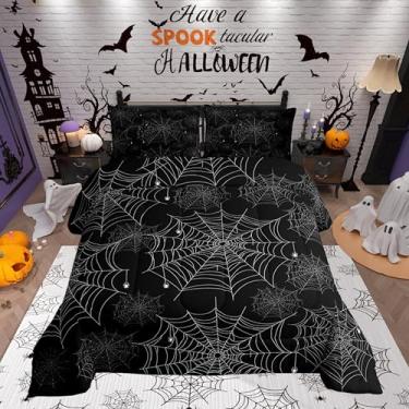 Imagem de Conjunto de edredom de teia de aranha, preto e branco, decoração moderna para crianças, adolescentes, tema de Dia das Bruxas, com 1 fronha para todas as estações, solteiro
