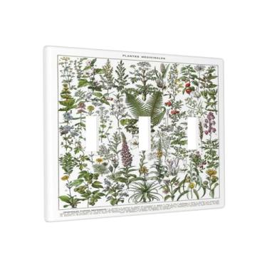 Imagem de Arte de parede botânica vintage 3 gangues interruptor de luz triplo placa de parede decorativa planta estética placa frontal elétrica para planta branca verde pôster rústico porta de celeiro casa sala