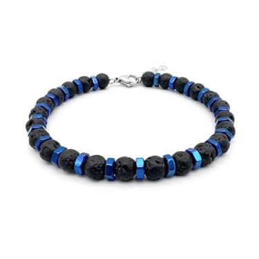 Imagem de Zordixon Pulseira masculina de contas de lava natural preto e aço inoxidável azul brilhante feito à mão - tamanho ajustável 22 cm - moda masculina