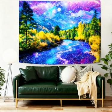 Imagem de SHRAPHY Tapeçaria de floresta costeira galáxia montanha céu estrelado noite lua espaço apdidl estética quarto dormitório sala de estar escritório decoração montanha planta árvore natural pinho praia