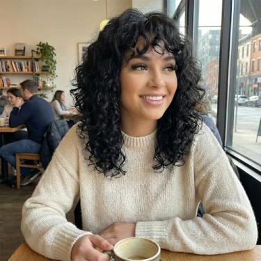 Imagem de Peruca feminina de cabelo humano ondulado frontal com densidade 200 preta transparente sem cola 50 cm para uso diário, festa e encontro, preta