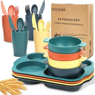Imagem de Conjunto de 24 peças de louça de palha de trigo para crianças, conjunto de pratos e tigelas inquebráveis sem BPA com prato dividido, seguro para micro-ondas e lava-louças, perfeito para piqueniques