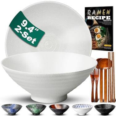Imagem de YTLEMON Conjunto de 2 tigelas de cerâmica para ramen de 1,6 g - Tigelas de sopa grandes de porcelana japonesa para salada de cereais, frutas, macarrão, 2 × 1700 ml com receitas, pauzinhos, garfos e