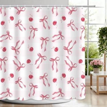 Imagem de APROPHIC Linda cortina de chuveiro de cereja para banheiro, conjunto de cortina de banheiro com laço de frutas, tecido impermeável com ganchos, lavável na máquina, 182 x 182 cm, rosa